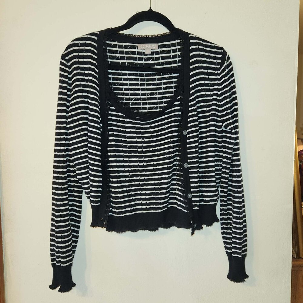 NWOT J Crew Black Stripe Cropped Pointelle Cotton Sweater Tank Set Medium